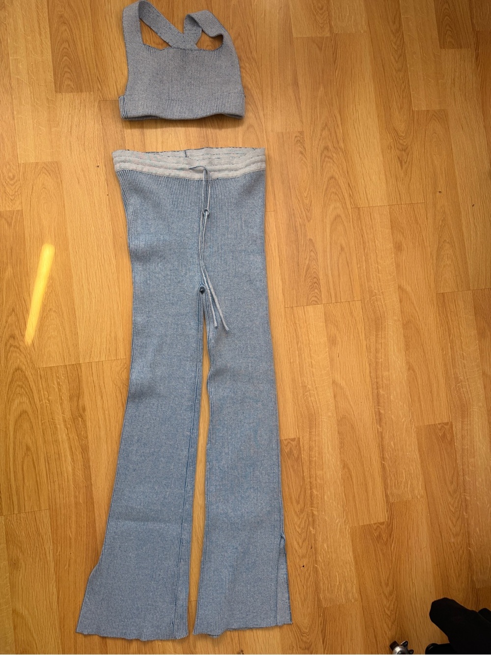 JLUXLABEL Light Blue Knit Flared Pants and Matching Crop Top